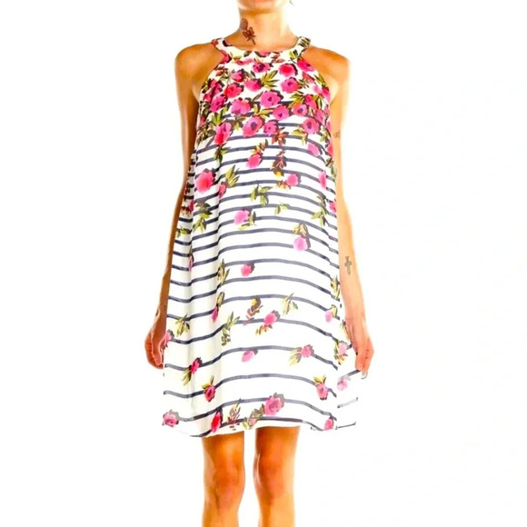 Betsy Johnson Sheer Flowy Floral Stripe Halter Dress | 14 - Picture 1 of 10